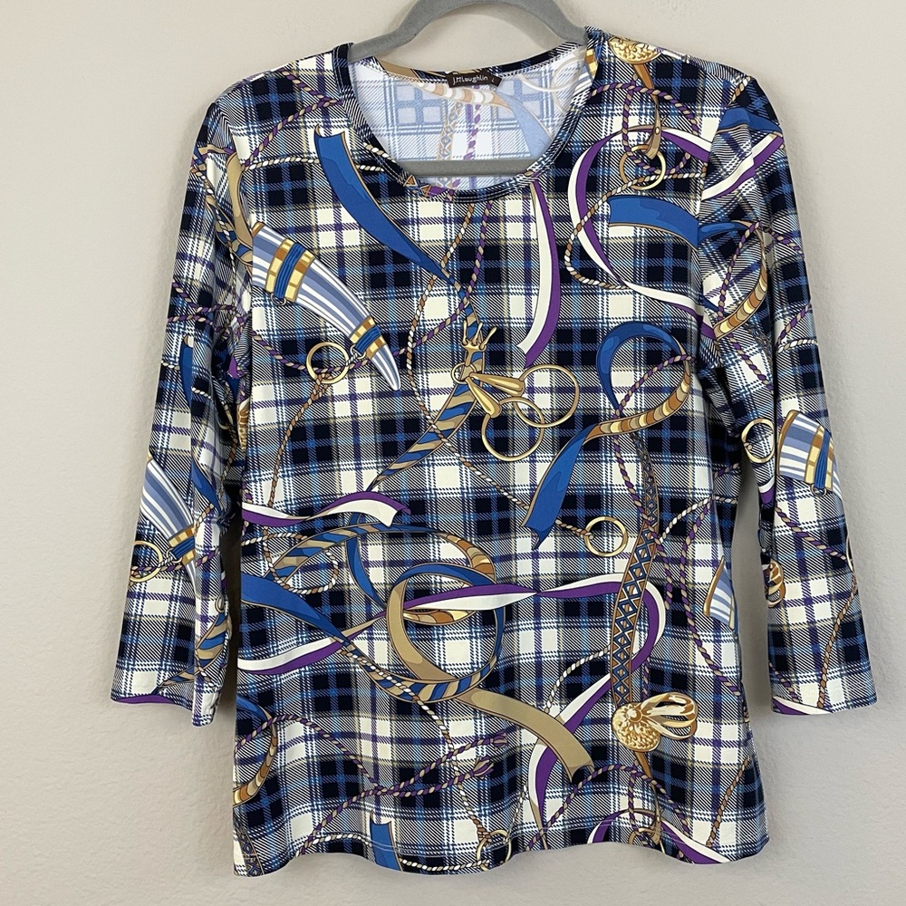 J. McLaughlin Catalina Cloth Horse Equestrian Print Signature‎ Tee Size L
